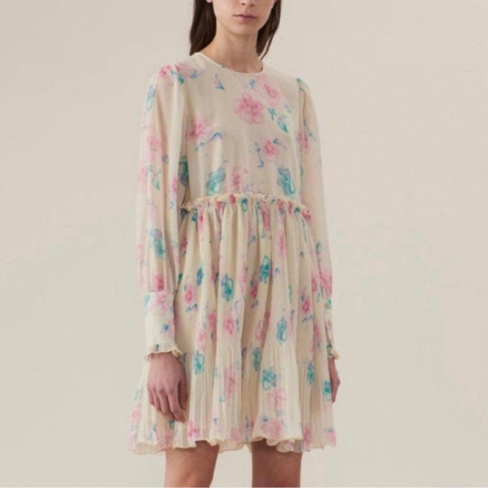 Ganni Georgette Afterglow babydoll pleated floral dress size 36/S